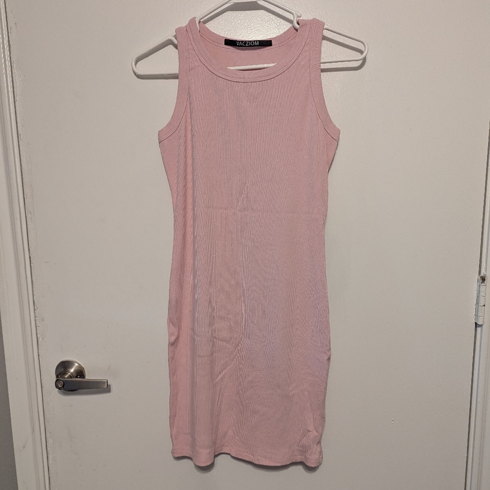 Vacziom Pink Sleeveless Ribbed Knit Tank Bodycon Dress Size Medium Scoop Neck